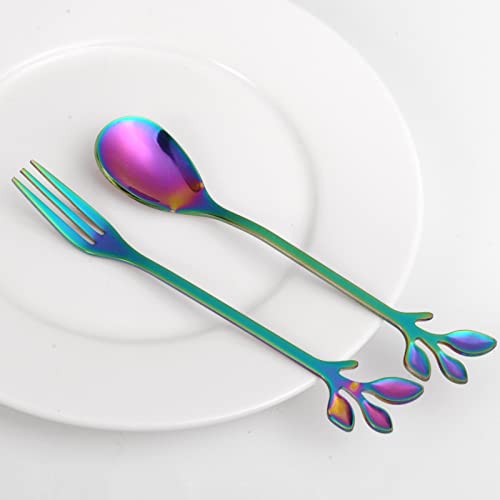 AnSaw 10-Pc Rainbow Mini Spoons & Forks Set, 4.7" - Leaf Handle - color: Rainbow