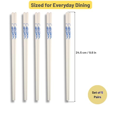 Porcelain Chopsticks Set of 5 Pairs, Reusable Bone Ceramic Chopsticks, Dishwasher Safe, Non-Slip Design, Elegant Gift Box for Family or Restaurant Use (peony) - color: peony