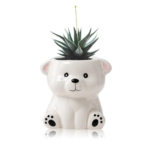DIYOMR Cute Animals Planter, Mini Ceramic Cartoon Animal Shaped Succulent Flower Pot Indoor Air Plants Holder, Smooth Shiny Decorative Flower Cactus Planter - Plants Not Included (White Bear) - color: White Bear