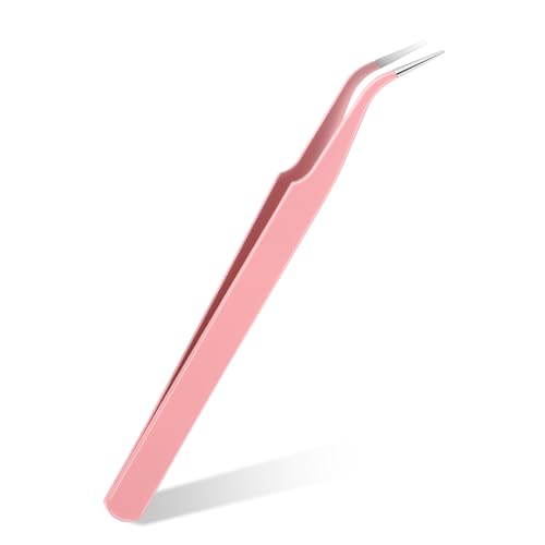 Precision Tweezers, Lash Tweezers Stainless Steel Curved Pointed Tweezer Professional Fine Point Needle Nose Tip Tweezers for Craft, Eyelash Extensions, Nail Art, Sticker (Pink)