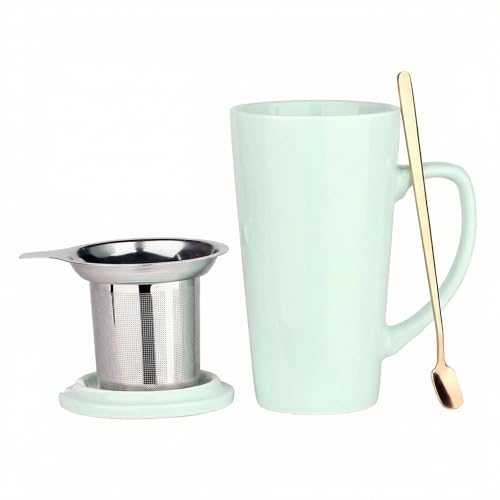 15 Ounce Porcelain Tea Mug with Infuser, Lid and Spoon, Loose Leaf Tea Cup (Mint Green) - color: Mint Green