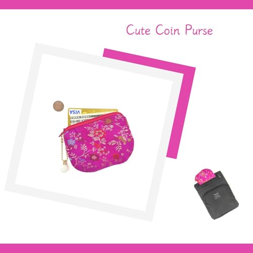 Handmade Women Coin Purse Brocade Zipper Wallet Rosary Pouch Silk Jewelry Bag - Magenta - color: Magenta