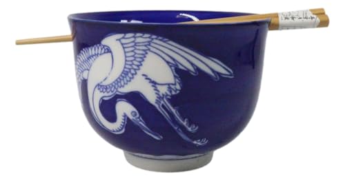 Ebros Gift Artistic Donburi Ramen Udon Noodles Soup Salad 5" D 18Oz Bowl With Bamboo Chopsticks And Built In Rest Set Asian Dining Kitchen Accent (Blue And White Japanese Crane) - color: Blue And White Japanese Crane