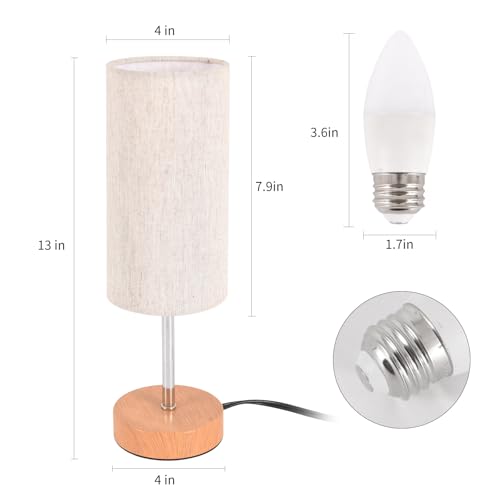 RISLG 2 Pack Small Table Lamps, Bedside Lamps for Nightstand with Wire Switch, Modern Minimalist Desk Lamp with Linen Fabric Shade for Dorm Kids Room Living Room Office Bedroom, Bulb Included - color: 2 Pack Beige-Wood, size: 13in