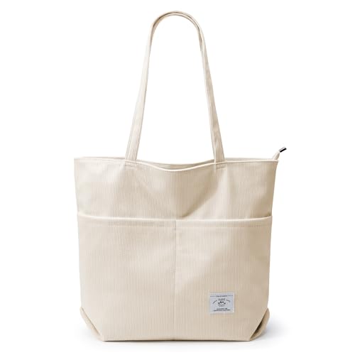 KALIDI Women Corduroy Tote Bag Zipper Casual Tote's Handbag Big Capacity Shoulder Bag with Pockets - color: D-cream White
