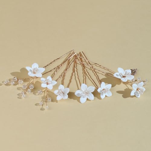 Handmade Pearl Bridal Wedding Hair Pins 6Pcs White Ceramic Flowers Gold Leaf Pearls Clips Wedding Hair Accessories for Women Brides Bridesmaid (Set-G-Gold) - color: Set-G-Gold