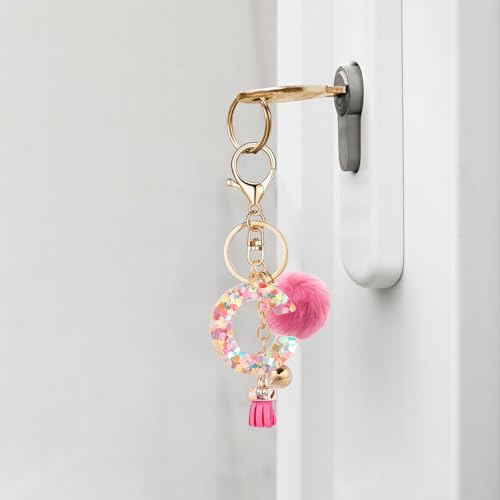 Resin Alphabet Initial Letter Keychain Keyring for Women Purse Handbags With Fur Ball Pom - color: Deep Pink Fur Ball Letter C