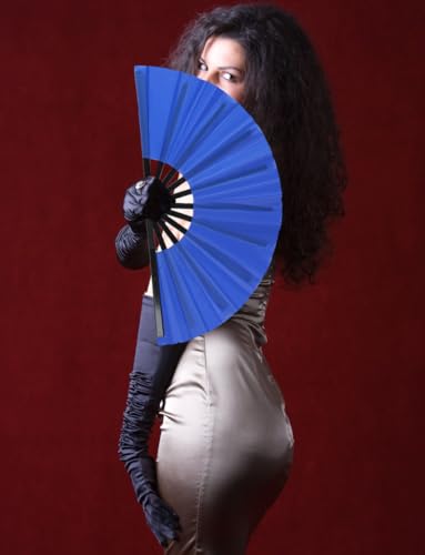 2 Pack Large Folding Hand Fan for Men/Women, Rave Fan Chinese Kung Fu Tai Chi Hand Fan Black Vintage Foldable Hand Fans for Dancing, Festival, Gift, Home Decorations(Blue) - color: Blue