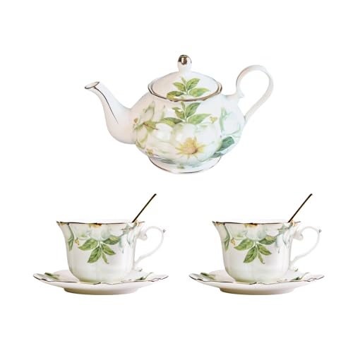 Vintage Porcelain Floral Tea Set — 22oz Teapot + 2 Tea Cup & Saucer Sets + 2 Gold Spoons | Porcelain Teapot and Cup Set, Tea for One/Tea Party Set (Green)