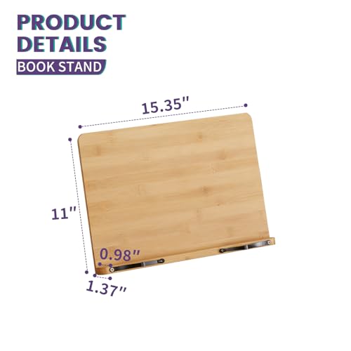 Bamboo Book Stand, Adjustable Reading Holder with Page Clips, Portable Lightweight Desk Stand for Textbooks, Cookbooks (Large)