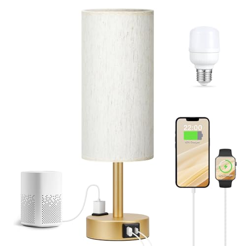 Fenmzee Gold Bedside Lamp for Bedroom, Dimmable Touch, USB A+C, AC Outlet - color: Cream - Gold, size: 14"