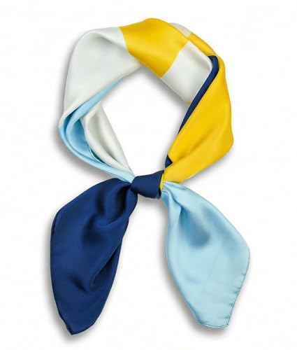 corciova Women’s Square Scarf 27.5 in (70 x 70 cm), Satin-Feel Polyester, Lightweight Fashion Scarf for Hair, Neck and Bag - color: Geometric (Navy Blue / Sky Blue / Yellow / White)