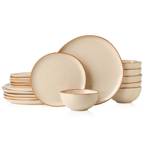 Stoneware Dinnerware Sets for 6, Reactive Glaze Plates and Bowls, Beige - color: Beige, size: Service for 6-18Pcs