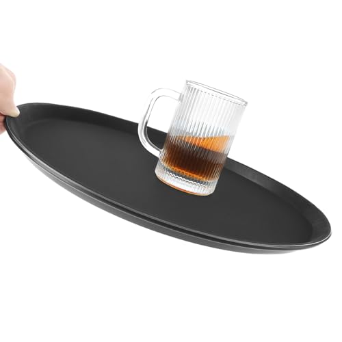 QWORK 11" Round Restaurant Serving Tray, 6 Pack Non-Slip Tray, Black Plastic Meals Server Tray