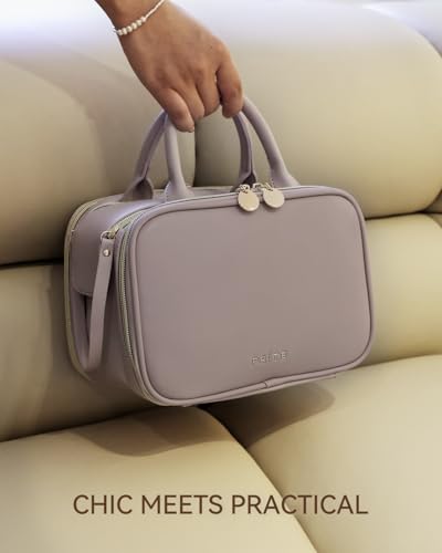 Prite Large Makeup Bag, Waterproof Travel Cosmetic Case with Brush Holder - color: Purple, size: Medium