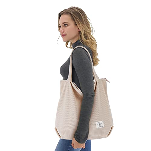 KALIDI Women Corduroy Tote Bag Zipper Casual Tote's Handbag Big Capacity Shoulder Bag with Pockets - color: Cream White
