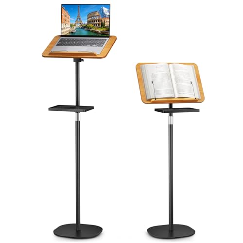 2 in 1 Adjustable Floor Book Stand & Music Stand with Removable Tray, 19.7" to 51.2" Foldable Reading Book Holder with Page Clips for Laptop, Cookbooks, Sheet Music, Wooden Podium Stand for Projector - color: Brown