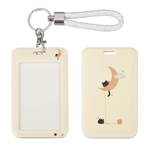 ID Card Badge Holder Key Chain with Metal Keyring, Plastic Slide Open with ID Window for Women Men Girls Students,Cat - color: Black Cat