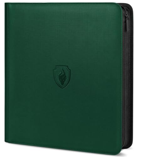 Premium Zip Card Binder 12 Pocket, Fabmaker 912 Pocket Trading Card Binder - color: Green, size: 12 Pocket - 15" x 13.6"