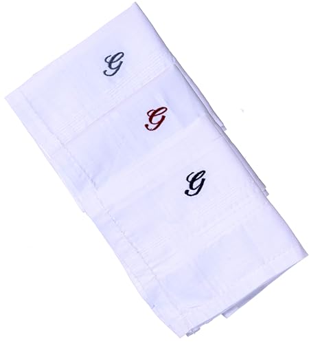 Monogrammed Handkerchiefs for Men 3-Pack Cotton, White Hankies - color: G