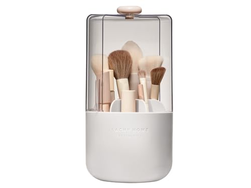 EACHY Makeup Brush Holder with Lid, 360° Rotating Vanity Organizer for Brushes, Dustproof Cosmetic Display Case, 7 Compartments, Waterproof Plastic (White) - color: White