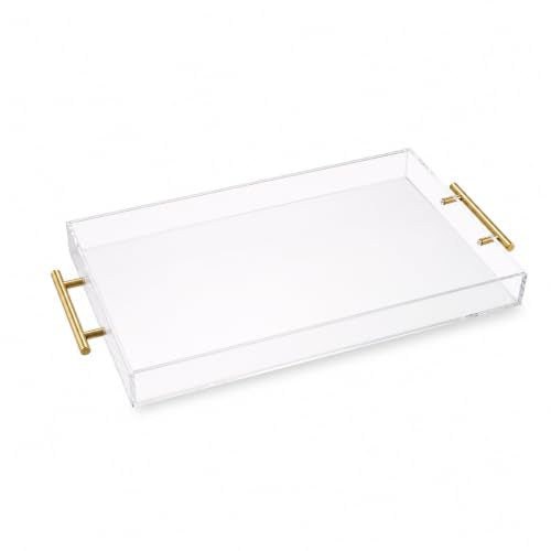 Clear Acrylic Tray 20x12” with Golden Metal Handles - Large Plastic Tray for Serving Guests, Countertop Organization, Ottoman Coffee Table & Vanity – Modern Decorative Tray for Home & Office - color: Golden Handles - Transparent, size: 20" x 12" x 2"