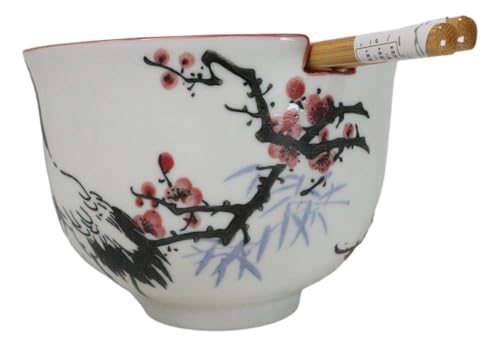 Ebros Gift Artistic Donburi Ramen Udon Noodles Soup Salad 5" D 18Oz Bowl With Bamboo Chopsticks And Built In Rest Set Asian Dining Kitchen Accent (White Japanese Crane On Cherry Blossoms) - color: White Japanese Crane On Cherry Blossoms