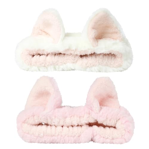 PERFECTSIGHT Kawaii Headband for Spa, Makeup, Washing Face, Party - 2 Pack Cute Hair Band for Shower Beauty Skincare, Soft Facial Headbands for Girls and Women, Cat Ear - color: White+Pink Ear