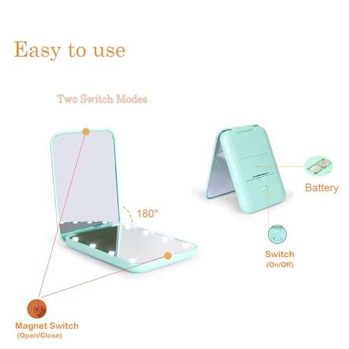 Kintion Pocket Mirror, 1X/3X Magnification LED Compact Mirror (Cyan) - color: Cyan