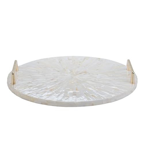 PEMAR Mother of Pearl Decorative Tray, 13" Round with Gold Metal Handles, Vanity/Perfume/Trinket Tray, Catchall for Dresser, Bathroom, Vanity Table (White Sunlight) - color: Cream Starburst