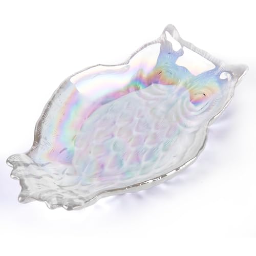SHOWLOUE Owl Serving Platter, 10 x 7 Inches Glass Dinner Plate for Serving Food, Clear Glass Serving Plates for Wedding Party, Iridescence, Large - color: Iridescence, size: Large