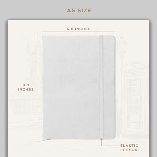 BEECHMORE BOOKS Lined Journal Notebook, 5.8" x 8.3", A5 160 Lined Pages, Hardcover Leather Journals for Women, Men, Writing and Notebooks for Work - 120 GSM Thick Paper, Gifts Box Included - color: Snow White, size: A5 - 5.8" x 8.3" Medium