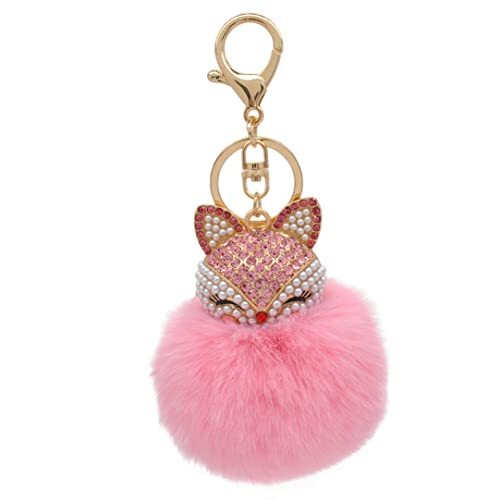 Faux Rabbit Fur Pom Pom Keychain with Fox Head - color: Pink
