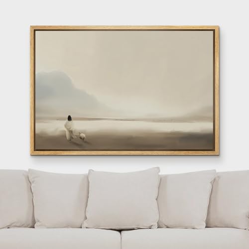 MUDECOR Framed Canvas Print Wall Art Wanderer and Sheep in Fog Tranquil Neutral Landscape Illustrations Fine Art Decorative Zen Multicolor Country/Farmhouse Retro for Bedroom - 24"x36" Natural - color: A03-2502-m06, size: 36"L x 24"W