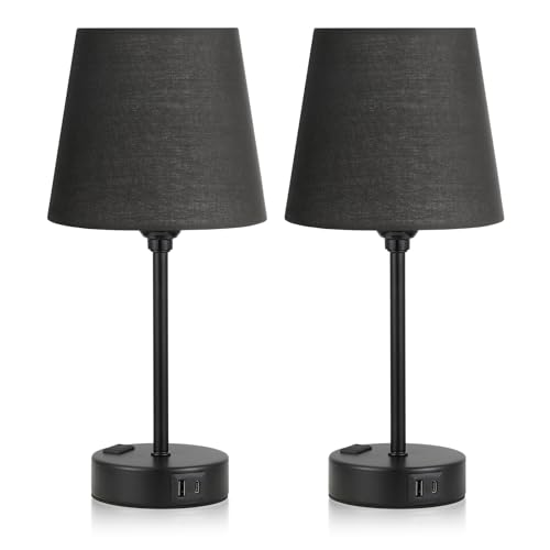 Black Bedside Lamps Set 2 for Bedroom - Dimmable Touch, USB C+A, AC Outlet - color: Black