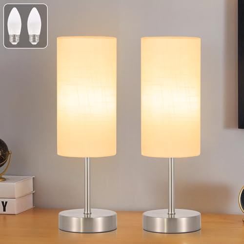 RISLG 2 Pack Small Table Lamp for Bedroom, Bedside Lamp for Nightstand, Minimalist Modern Desk Lamp with Linen Fabric Shade for Living Room, Office, Kids Room, Dorm, LED Bulb Included - color: 2 Pack White-Silver, size: 13in