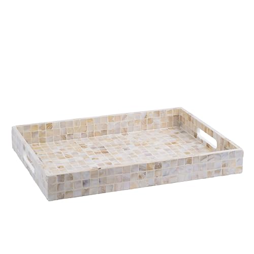 PEMAR Rectangular Mother of Pearl Serving Tray Nacre Wood Lap Ottoman Tray for Coffee Table, Luxury Decorative Handmade Eating Platters w Insert Handles (White Cream) - color: Milano