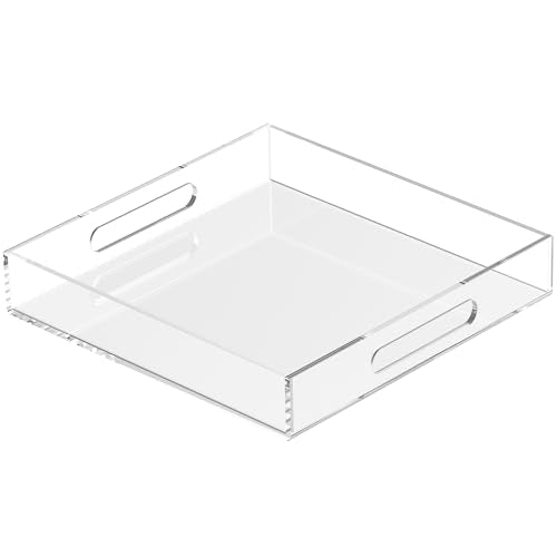Acrylic Tray 10x10 with Cut Handles - Spill Proof Decorative Tray is an Ideal Countertop Organizer for Living Rooms, Ottoman Coffee Tables, Offices, Kitchens & Serving Guests - color: Transparent, size: 10" x 10" x 2"