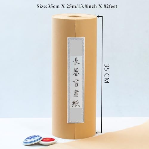 KYMY Chinese/Japanese Calligraphy Paper Roll,Antique Style Sumi/Xuan/Rice Paper,Long Scroll Brush Ink Roll Half Sheng Shu (Raw Ripe) Xuan (35cmx25m/13.8in X 82ft)