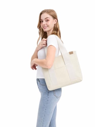 TeeYee 16oz Canvas Tote Bag Casual Multi Pocket Work Bag for Women - color: Beigem, size: Medium