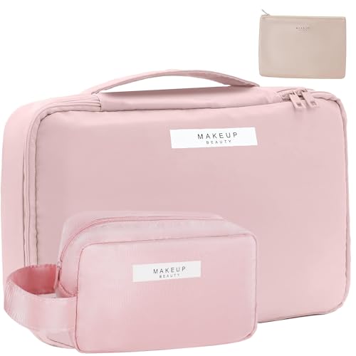 Queboom Travel Makeup Bag Cosmetic Bag Toiletry Bag for Women & Men - color: Pink-3pcs