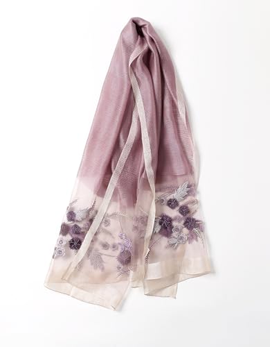 Jeelow Long Silk Blend Embroidered Floral Shawl Scarf Wrap for Women - color: Purple Bloom