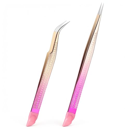 2PCS Crystal Pink Nail Tweezer, Double Ended Sticker Tweezers with Silicone Pressing Head for Craft, Precision Rhinestone Picker Tool for Jewelry Eyelash Nail Art, Curved Tip Tweezers Kit - color: Crystal Pink