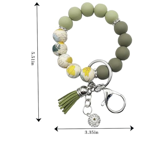 Unpafcxddyig Silicone Bead Keychain Bracelet Wristlet Key Ring - color: Army Green Flower