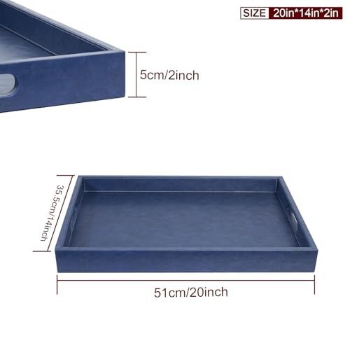 20 x 14 inches Leather Rectangle Serving Tray with Hole Handles,High-End Light Large Service Tray for Ottoman Tray, Tea, Food, Butler - Countertop, Kitchen,Family Dinner, Picnic (Blue) - color: Blue, size: 20" x 14" x 2"