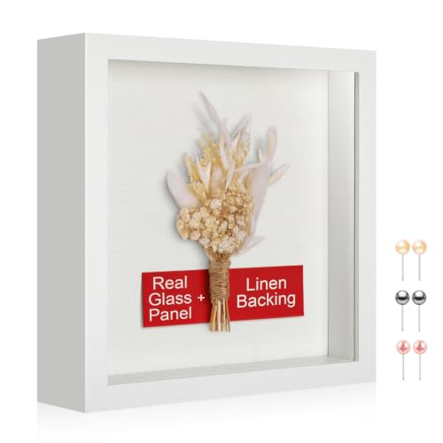 8x8 Shadow Box Picture Frame with Real Glass Panel and Linen Back - color: White + Thickened Panel + Foam Packaging, size: 8x8