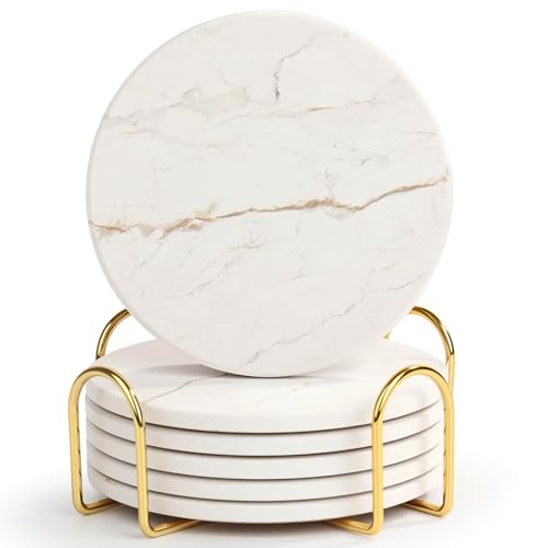 Acejoz Drink Coasters with Holder for Coffee Table, Absorbent Coasters Set of 6, Marble Style Ceramic Coaster for Wooden Table, Suitable for Kinds of Cups, Home Decor, 4 Inches(White) - color: White Marble