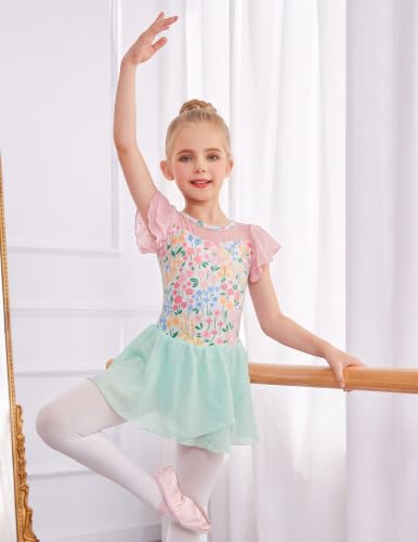 Zaclotre Girls Ballet Leotards Ruffle Sleeve Sparkle Dance Leotard - color: Aqua Pink Floral, size: 2-3T
