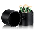 Portable Makeup Brush Holder with Lid - Elegant Pu Leather Makeup Bag Black Brush Organizer for Travel Compact Storage Bucket with Buckle Protective Lid, Easy to Clean, 7.9in X 5.19in
