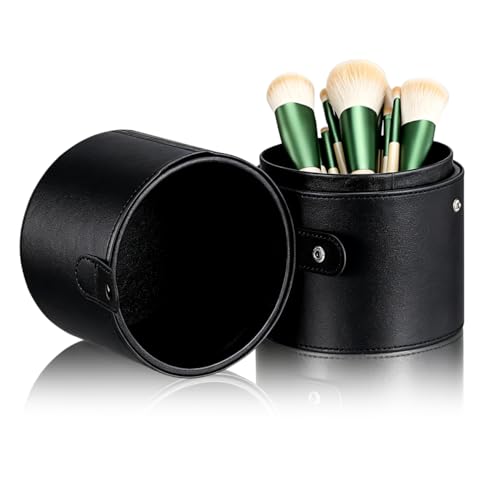 Portable Makeup Brush Holder with Lid - Elegant Pu Leather Makeup Bag Black Brush Organizer for Travel Compact Storage Bucket with Buckle Protective Lid, Easy to Clean, 7.9in X 5.19in